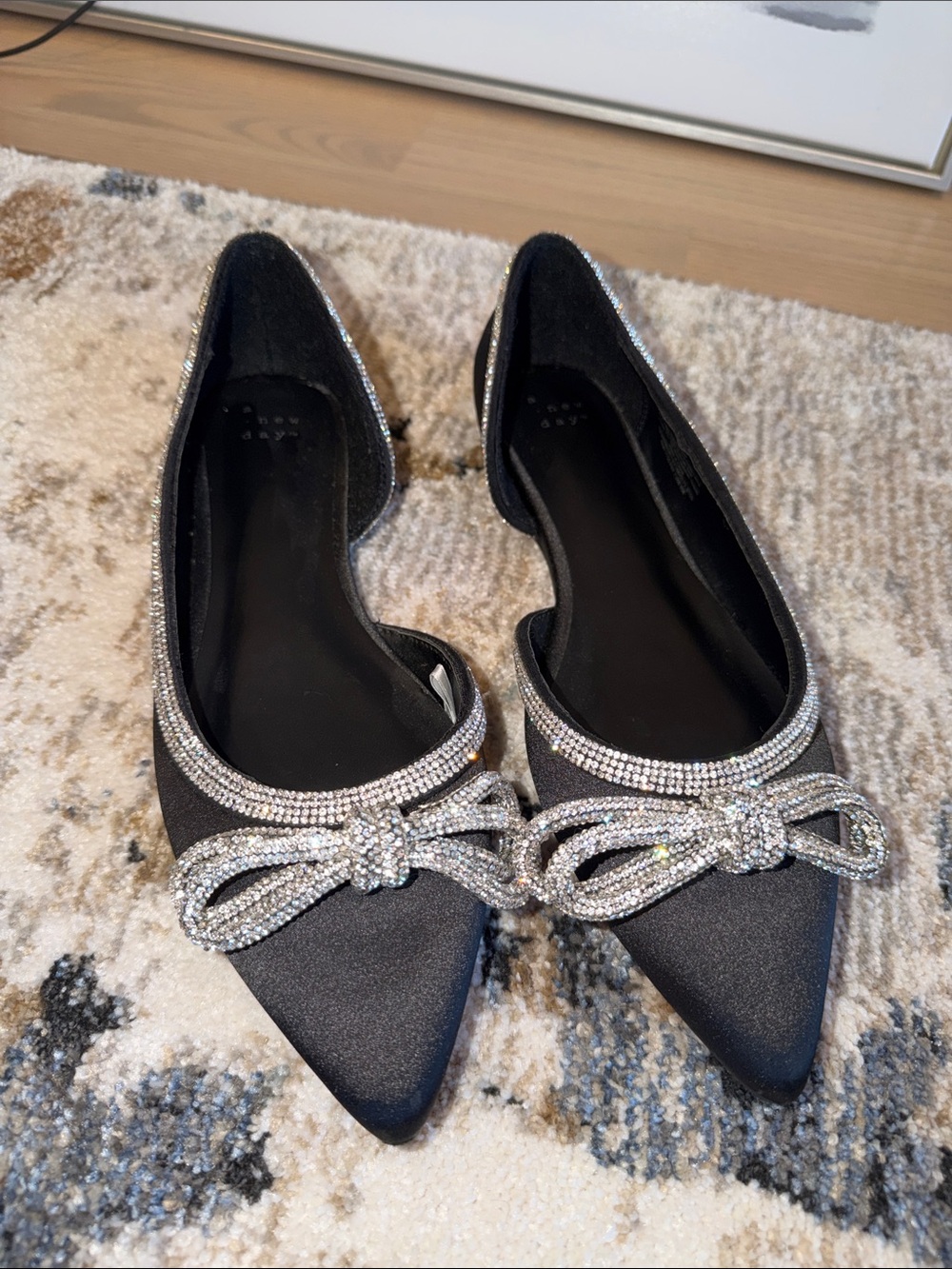 a new day Black Pointed Satin Flats with Rhinestone Bow Trim